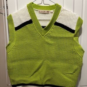 Marni for Uniqlo Lime Green and White V-Neck Bubble Knit Vest with Black/White